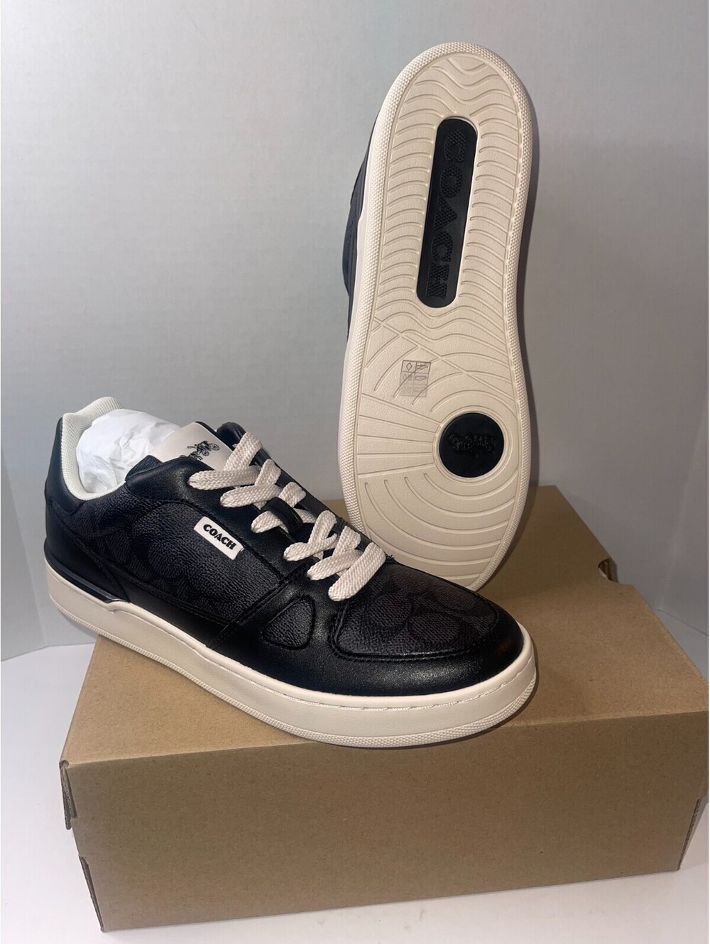Men’s Charcoal/Black Coach Clip Court Low Top Sneakers in Signature Canvas
